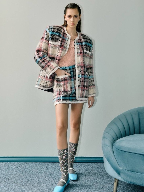 Lalo Jackets & Blazers - Chanel style Plaid Bouclé Wool Jacket in Pastel Pink and Blue